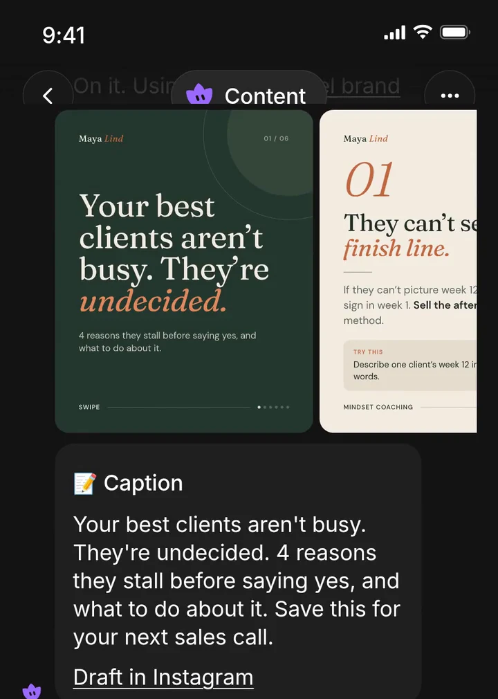 Content agent, real recording: carousel and caption, drafted in Instagram