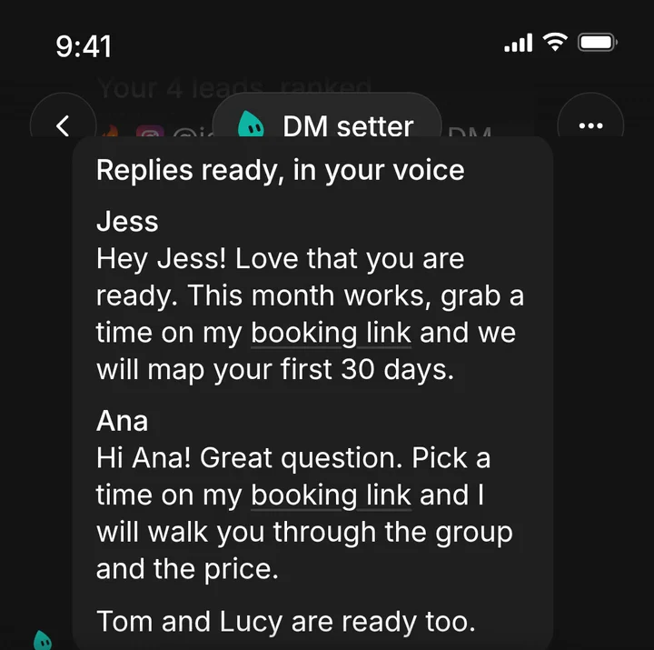 DM setter, real recording: replies ready, in your voice